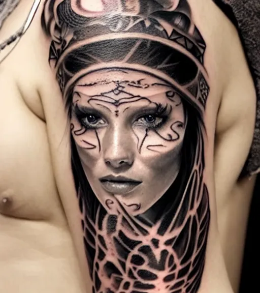 Image similar to tattoo design of a beautiful girl warrior under a tiger head, hyper realistic, realism tattoo, by eliot kohek, beautiful eyes, realistic face, black and white, white background