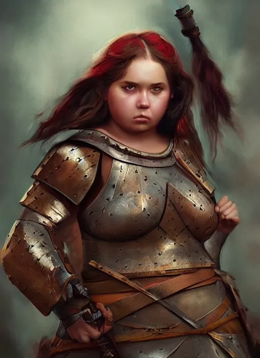 Prompt: hyper realistic photo of medieval chubby beautiful warrior girl, full body, rule of thirds, conceptart, saturated colors, artstation, cgsociety