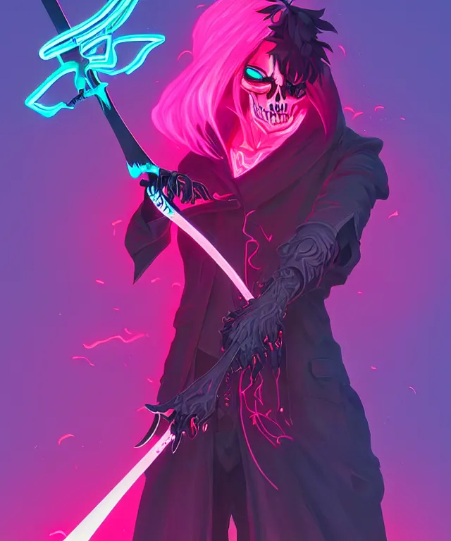 Prompt: a portrait of a neon grimm reaper holding a single scythe, fantasy, elegant, digital painting, artstation, concept art, matte, sharp focus, illustration, art by josan gonzalez