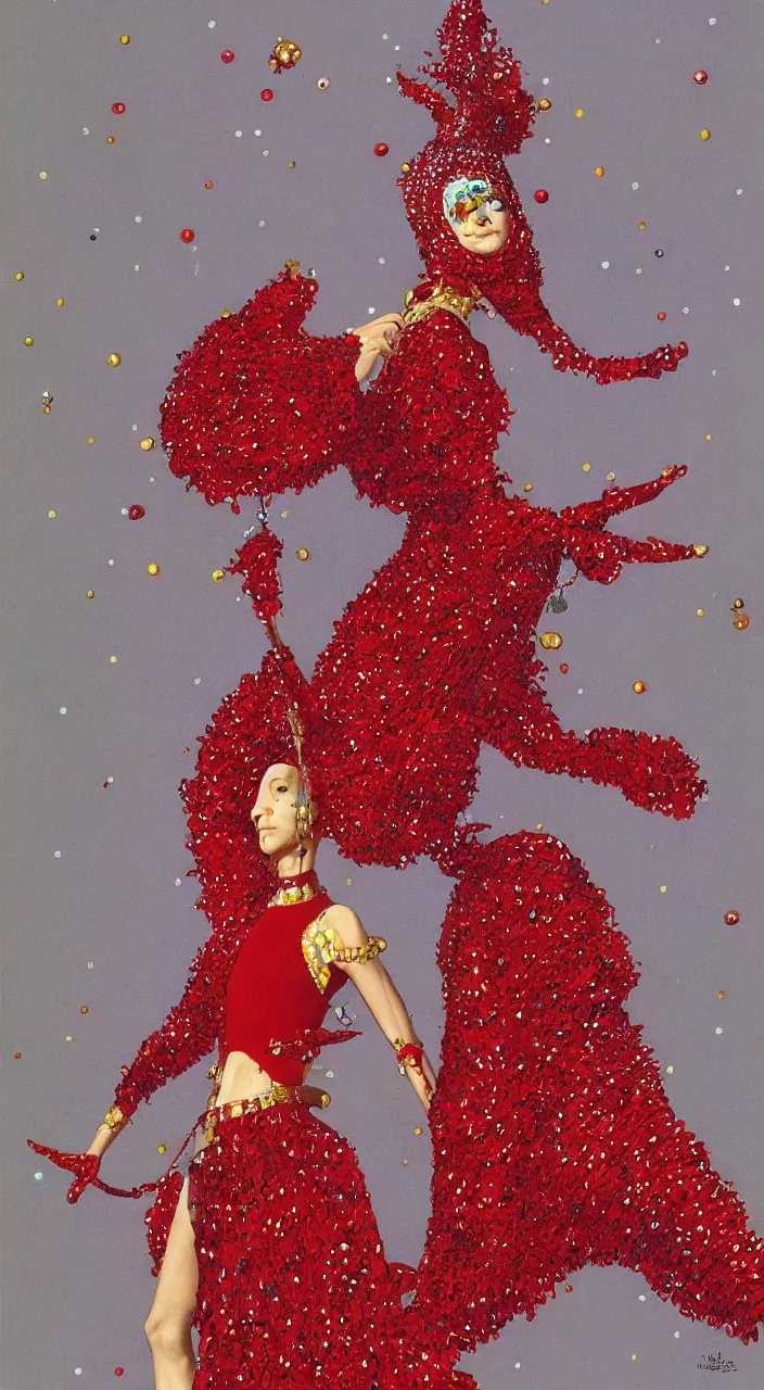 Image similar to a full - body female character design wearing a red sequined bodysuit, beads hanging over her face like an alexander mcqueen headdress, costume by eiko ishioka, haute couture by moebius, steven outram, colorful and psychedelic