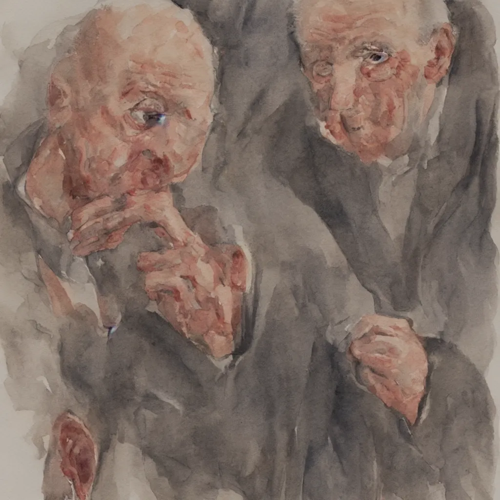 Image similar to a self - portrait of a man suffering from dementia, watercolor