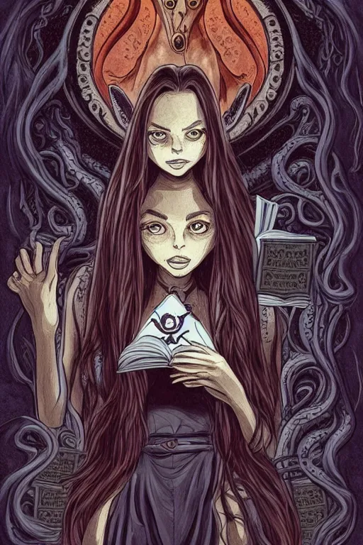 Image similar to silvio berlusconi illustration of romantic girl, her cat and her book of necronomicon, symmetrical, cinematic, sharp focus, 4 k, ultra hd, sense of awe, sinister demonic atmosphere, dreadful, forbidden knowledge, old gods, cthulhu, yog - sothoth! yah, yah, yah! cultist journal cover