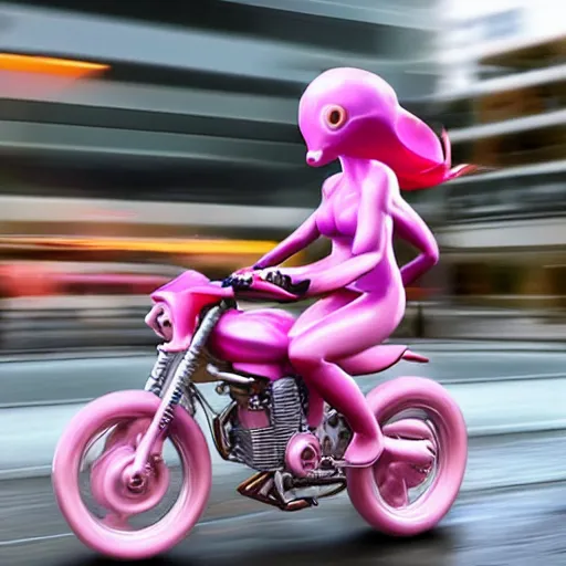 Prompt: hyper realistic, photo, humanoid pink female Squid girl, riding a motorcycle fast in the rainy city traffic