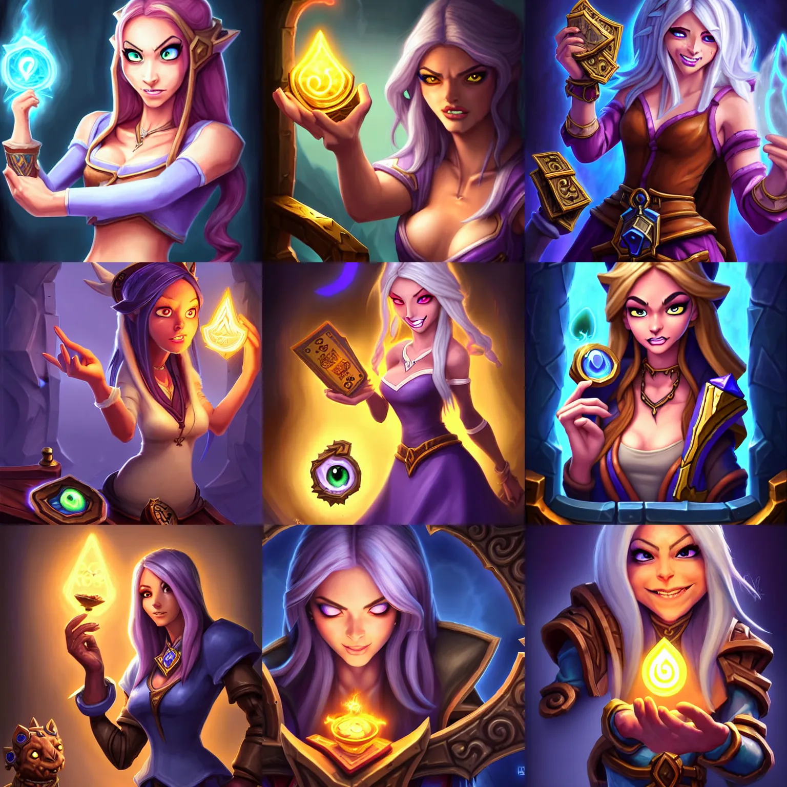 Prompt: Full body Hearthstone official professional art, with realistic beautiful face & eyes. A sorceress finding a treasure. Insanely coherent and well drawned physical body parts (face, arms, forearms, legs, hair, eyes, hands, 5 fingers). Full body, sharp focus, 8k high definition, insanely detailed, intricate, elegant, smooth, sharp focus, ArtStation