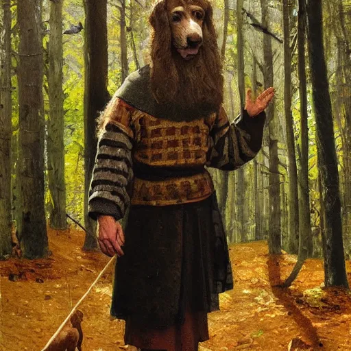 Prompt: Slavic dog head man, woolen torso in medieval clothes, walking in the forest, Orthodox Saint Christopher, oil painting, painting by Viktor Vasnetsov, concept art, hyperrealism, beautiful, high resolution, trending on artstation,