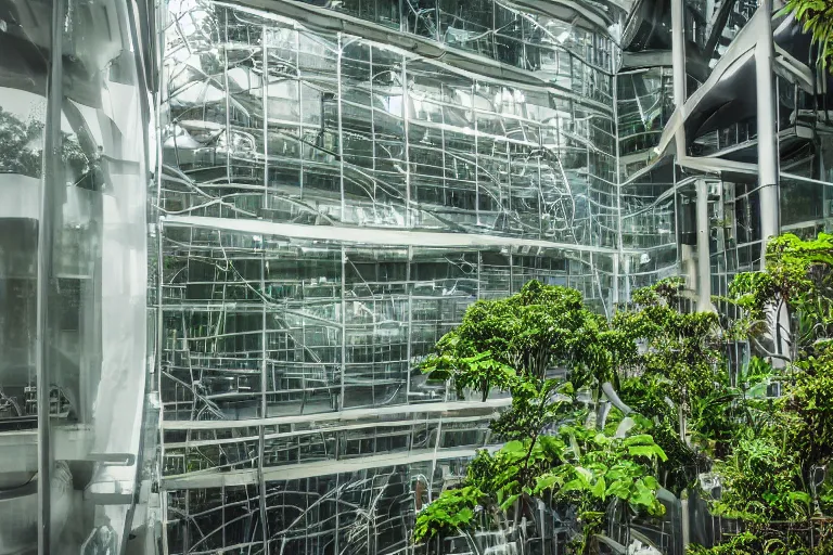 Prompt: a futuristic steampunk science laboratory, building made of huge glass panes with futuristic interior with clean lines and broad shapes and trees and plants growing all over the facility built in the middle of a lush tropical rainforest, cinematic back lit lighting, realistic, canon 20mm,