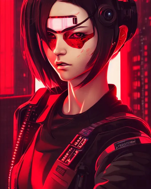 Image similar to a detailed potrait of a cyberpunk cyborg girl with black and red parts, perfect face, realistic shaded perfect face, detailed. night setting. very anime style. realistic shaded lighting poster by ilya kuvshinov katsuhiro, unreal engine, global illumination, radiant light, detailed and intricate environment