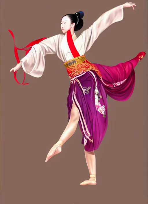 Image similar to full body portrait of a dancer throwing silk belts, feet, barefoot, full body, tanned, vivacious, extremely beautiful, hanfu, chinese ribbon dance, wide ribbons, silk belt, wuxia, martial arts, ming dynasty, detailed, realistic face, anatomically accurate, fantasy illustration, dnd, artstation, wlop.