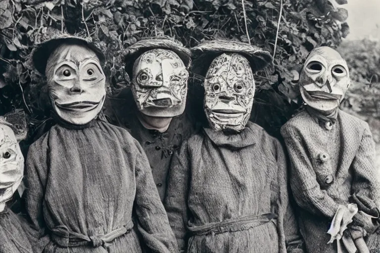 Image similar to vintage photo of villagers wearing weird masks, eerie, bizarre, highly detailed shot, dramatic 8 k uhd