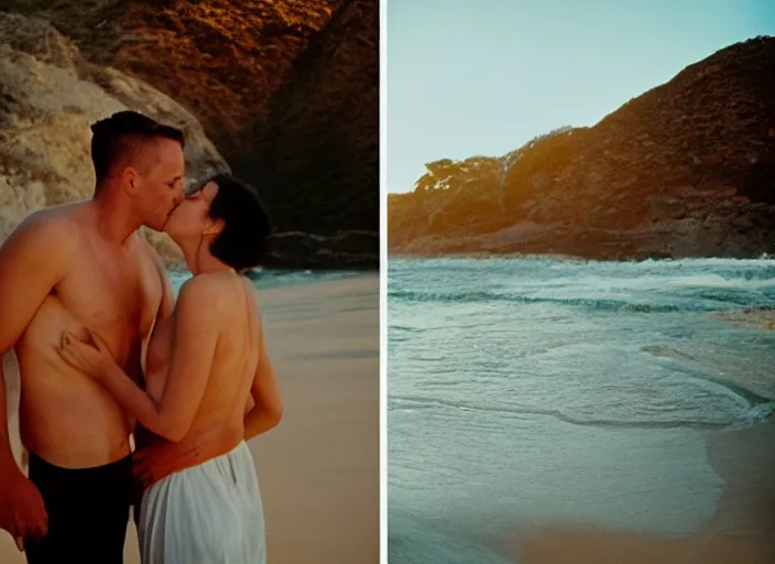 Prompt: A hyper realistic and detailed photography of a couple kissing from movie Here to Eternity, laying on secluded beach. by Cameron Hammond. 1955. Cinematic. Golden Hour. Kodak Portra 400. Lens flare. 35mm lens