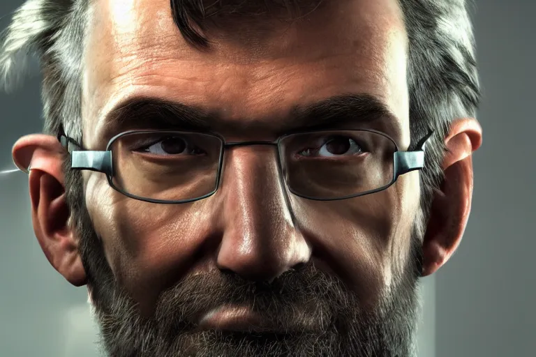 Prompt: half life 3 main character portrait, award - winning, stunningly realistic, volumetric lighting, coherent, no artifacts, cinematic, atmospheric, studio quality