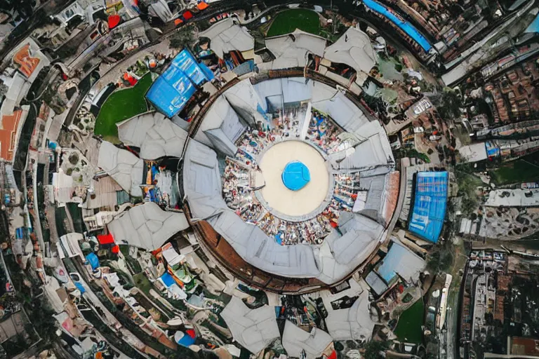 Image similar to top - down view of a high - tech sky arena inspired by modern skate parks and modern chinese playgrounds, wide angle, cinematographic shot, day