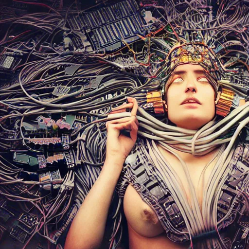 Image similar to tapping in to something greater, serene power, piles of modular synth cables, goddess laying down wearing a headpiece made of circuit boards, by cameron gray, wlop, stanley kubrick, masamune, hideki anno, unique perspective, trending on artstation, 3 d render, vivid