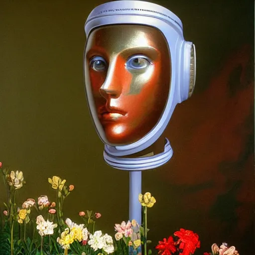 Image similar to a painting by Thomas Cole of a vaporwave robot head with flowers growing out, highly detailed 3d rendering from 1996