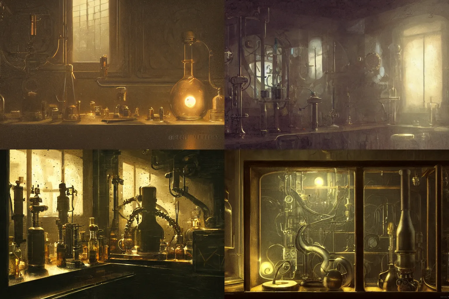 Prompt: a dark steampunk laboratory interior close up view of a strange creature inside display case in the late evening with dusty atmosphere with only by one window, painting 3D by Greg Rutkowski