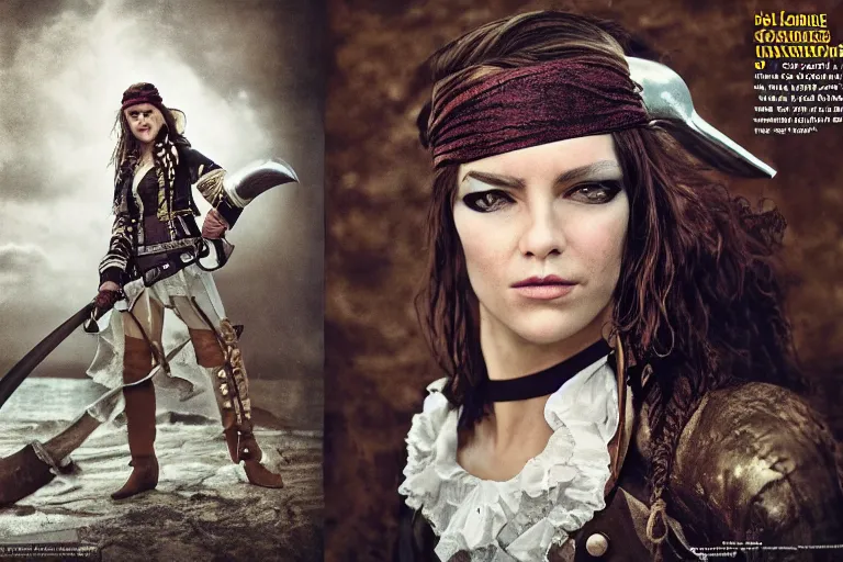 Prompt: a swashbuckling girl pirate portrait in national geographic, her clothing is sheer and futuristic