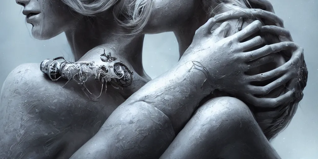 Image similar to hyperrealistic photography of a stunningly beautiful cyborg, intimate, holding close, in the style of beth cavener, jin kagetsu,, and wlop, highly detailed, intricate filigree,, masterpiece, award winning, sharp focus, concept art, ringflash lighting, ambient lighting, octane render, 8 k, artstation