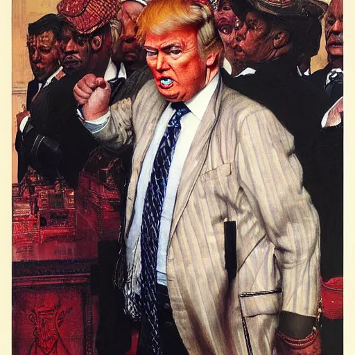 Image similar to full length portrait of huge donald trump dressed as gangster, new york, painted by lawrence alma tadema, zdzislaw beksinski, norman rockwell, jack kirby, tom lovell, greg staples