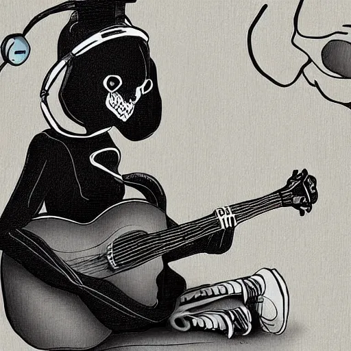 Image similar to skeleton wearing headphones watching girl playing guitar with her black cat standing next to her, digital art