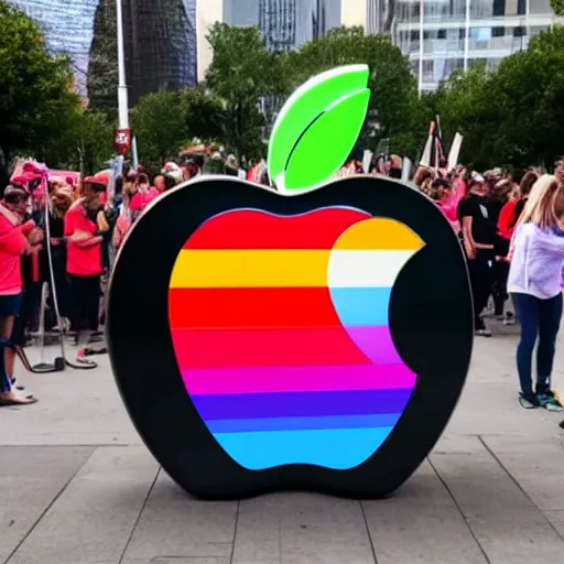 Image similar to rainbow apple logo monolith surrounded by a mob of torch lit protestors