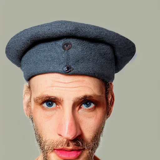 Image similar to color photograph of a 40 year old white Jewish Israeli skinny man with short, curly, blond hair and very small blue eyes, dressed in a white t shirt, gray shorts and a beret, with a small mole to the right of his very thin lips, with a straight nose and blond stubble, and an earring in the left ear