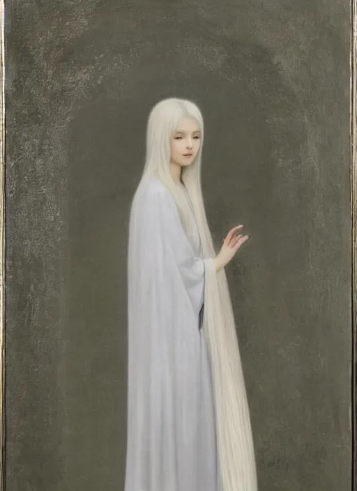 Image similar to thin young beautiful angel with silver hair so long, pale!, wearing white robes!, wearing silver hair, silver angel wings, young adorable korean face, silver hair!!, oil on canvas, style of fernand khnopff, 4 k resolution, aesthetic!,