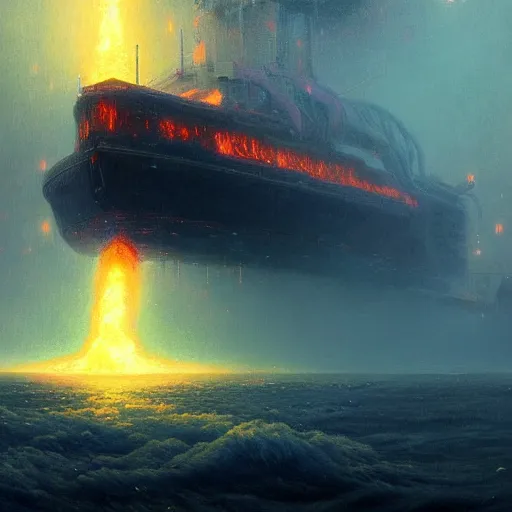 Image similar to UHD photorealistic Cosmic Ghost ship in a radioactive lake of fire, in the style of tonalism by Greg Rutkowski, trending on Artstation, hyperrealistic, correct details