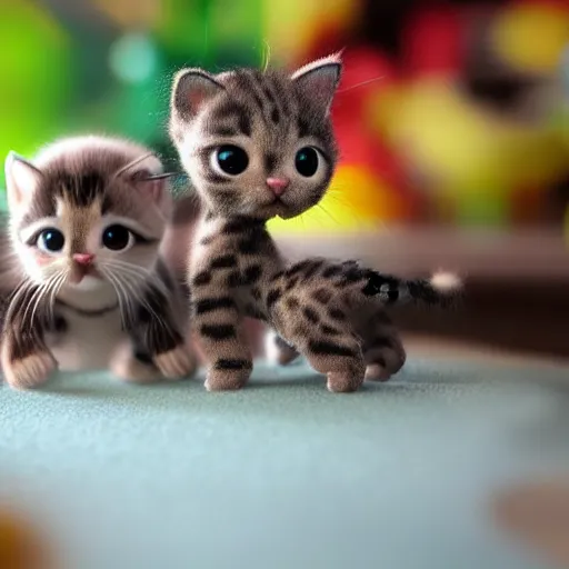 Prompt: miniature closeup of kittens playing, claymation, Pixar animation, visually stunning, 50mm