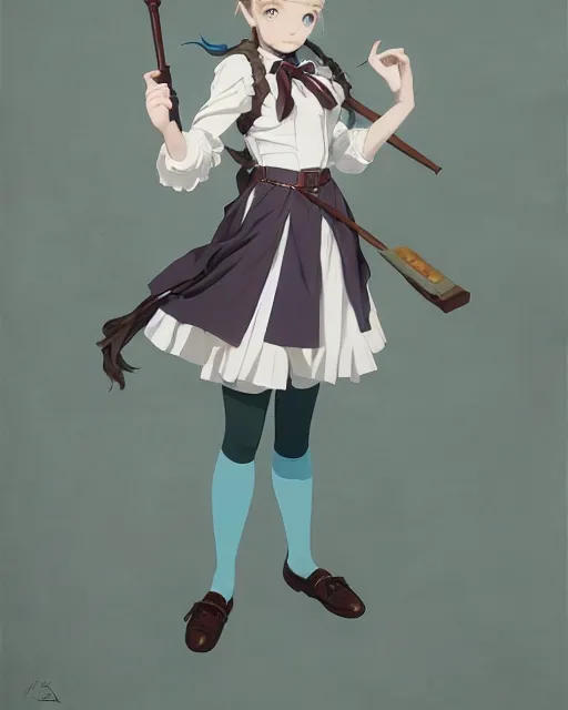 Prompt: late renaissance magical academy girl school uniform, pale cyan and grey fabric, jodhpurs greg manchess painting by sargent and leyendecker, studio ghibli, fantasy, medium shot, asymmetrical, intricate, elegant, matte painting, illustration, hearthstone, by greg rutkowski, by greg tocchini, by james gilleard, by joe fenton