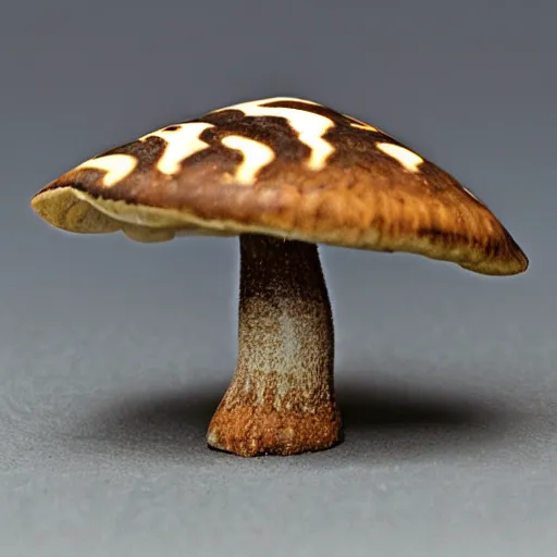 Prompt: a mushroom made from overlapping layers of sharpy metal