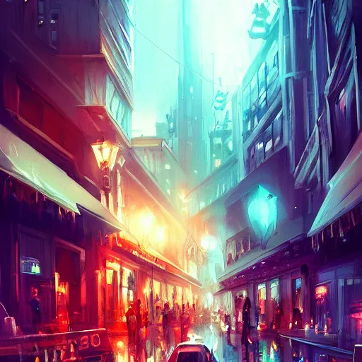 Image similar to a beautiful paiting of Night Life of downtown street by Ross Tran, dark ambient, beautiful, UHD, hyperrealism, Surreal and Fantasy Art, absurdist