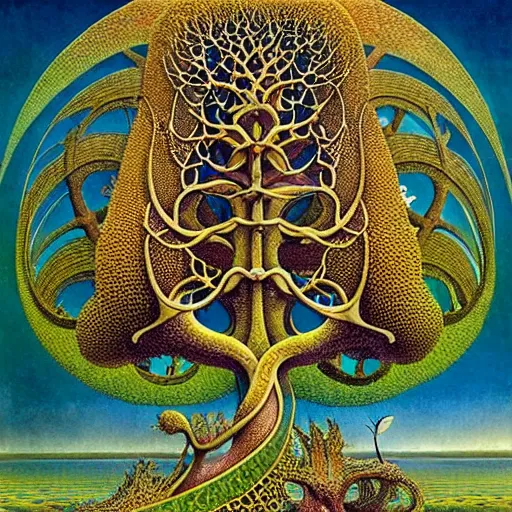 Prompt: sacred mulberry tree by roger dean and andrew ferez, art forms of nature by ernst haeckel, divine chaos engine, symbolist, visionary, art nouveau, botanical fractal structures, organic, detailed, realistic, surreality