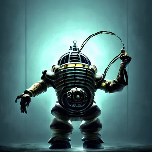 Image similar to big daddy from bioshock, a god, god, ecstatic, infinite power, manic, perfect eyes, full body shot, magical being, magic, portrait, noble, transformation, vivid colors, elegant, concept art, sharp focus, digital art, Hyper-realistic, 4K, Unreal Engine, Highly Detailed, HD, Dramatic Lighting by Brom, trending on Artstation