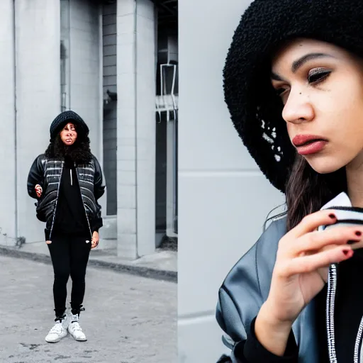 Image similar to portrait of a mixed woman smoking a cigarette, black beanie, black bomber jacket, urban environment, depth of field