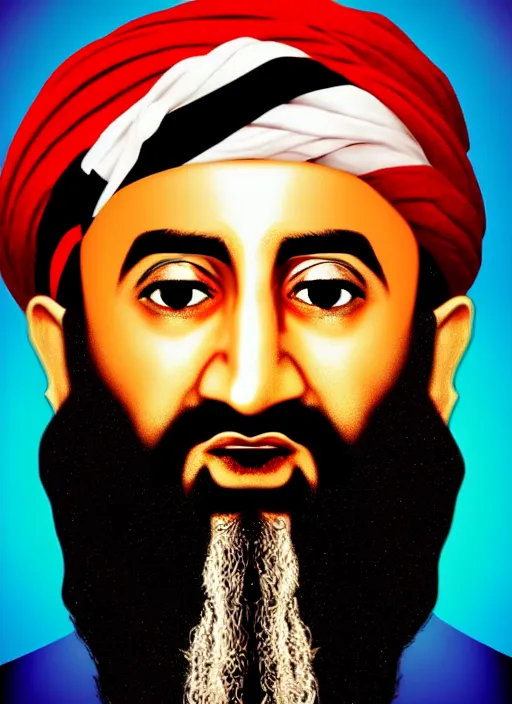 Prompt: bin laden ☦. pop art, no duplicate image, glowing lights, highly detailed, digital painting, artstation, concept art, smooth, sharp focus, illustration, art by richard hamilton and mimmo rottela