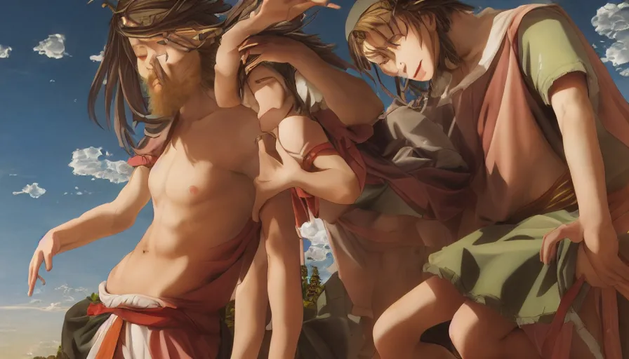 Image similar to jesus christ our lord and savior blessing a cute anime girl, photorealistic, anime, mini skirt, renaissance painting, hyper real, detailed, wide angle shot