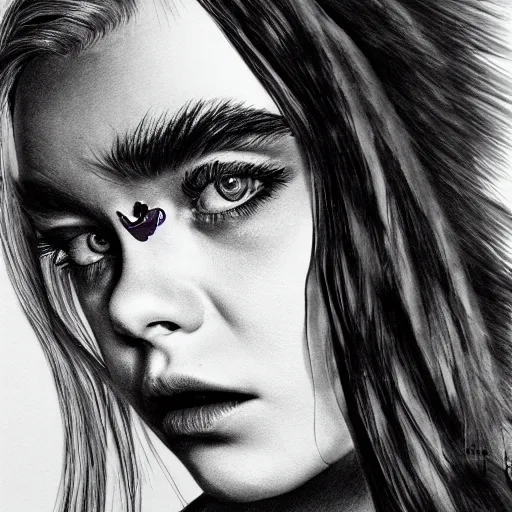 Image similar to a striking hyper real ink illustration of Elle Fanning, dark, metal,