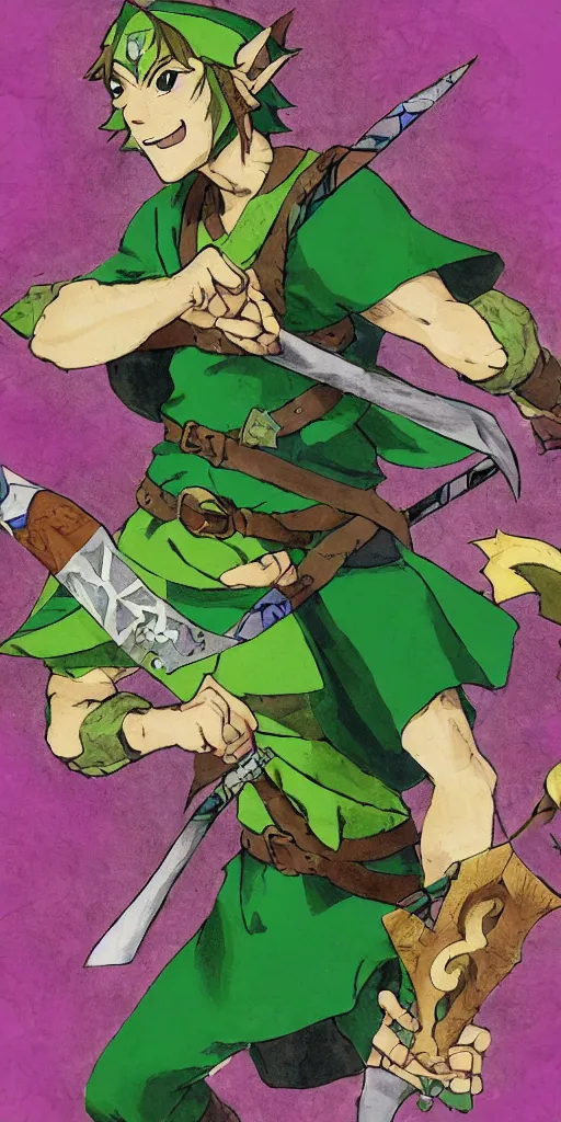 Image similar to link dressed in traditional green tunic and cap, holding the master sword and hylian shield in each hand, in dynamic fighting pose, clear detailed face with focused expression, mystical forest background, dark skies, green purple blue pink iridescent color scheme, intricately detailed, finely textured, cgsociety