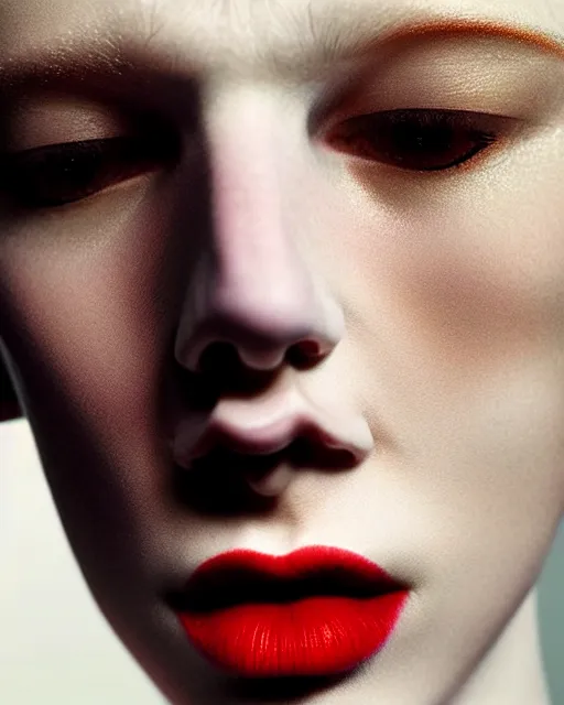 Prompt: woman, thin long nose, medium lips, wheat hair, close - up, high sharpness, zeiss lens, fashionable bruno dayan, erik madigan heck, helmut, karl lagerfel, artistic, hyper - realistic, beautiful face, octane rendering