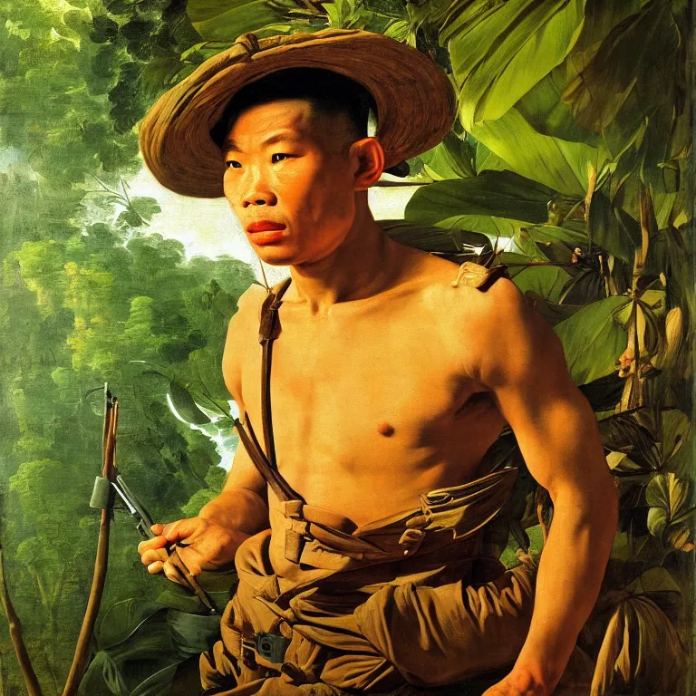 Image similar to portrait of a vietcong soldier, majestic, posing, in jungle, fine art portrait painting, strong light, fashion, clair obscur, by caravaggio, by jean honore fragonard, by peter paul rubbens