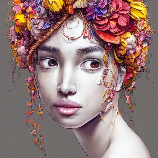 Prompt: the portrait of an absurdly beautiful, graceful, elegant, and wise young woman made of bananas and petals, an ultrafine detailed illustration by kim jung gi, irakli nadar, intricate linework, bright colors, octopath traveler, final fantasy, angular, unreal engine 5 highly rendered, global illumination, radiant light, detailed and intricate environment