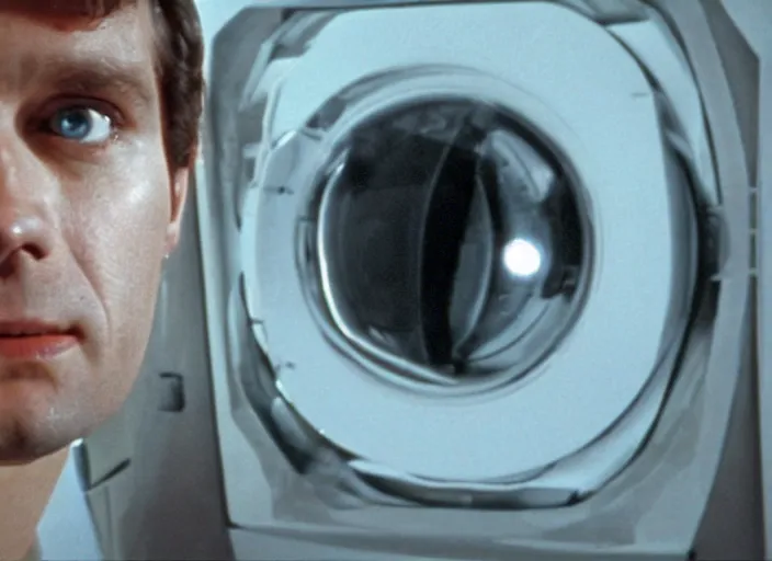 Prompt: film still of HAL from 2001 A Space Odyssey as a washing machine