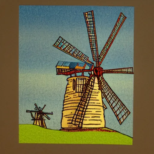 Prompt: risograph of a windmill