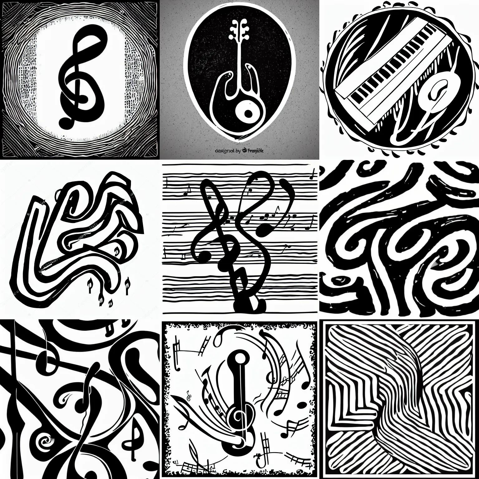 Prompt: a logo of a hand painting on a musical sheet, black and white, simple, vector, lineart