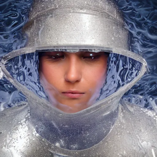 Image similar to futuristic female soldier eyes closed partly submerged in highly viscous clear fluid, frost particles, ice needles, cold blue light, complex hyperdetailed technical suit. white hair flowing. reflection. rays and dispersion of light. volumetric light. 5 0 mm, f / 3 2. noise film photo. ultra realistic, wide angle.