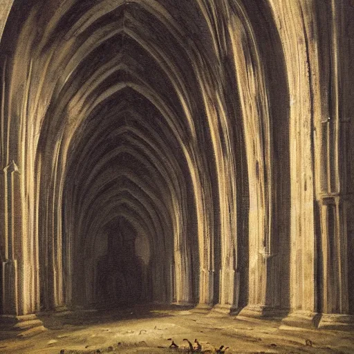 Prompt: a landscape painting of neo - gothic skyscrapers in a large cavern