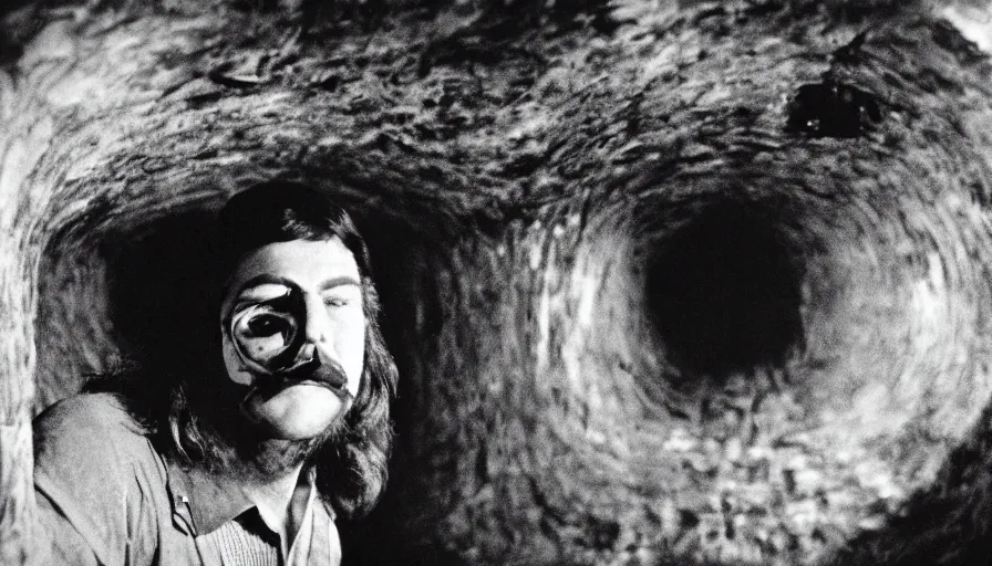 Image similar to 70s movie still close-up portrait of a man with a taxidermic bloody jaws and esoteric dress in a liminal space style tunnel, early black and white 8mm, heavy grain, high quality,