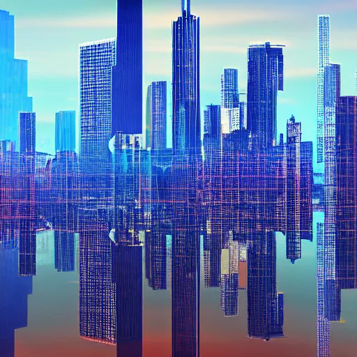 Image similar to cyberpunk version of chicago skyline, digital art, 8k, reflections