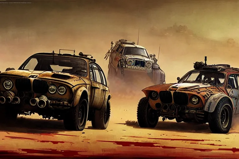 Prompt: dieselpunk mad max's bmw m 1 4 wd offroad pursuit special : : speeding over the horizon : : painted by greg rutkowski makoto shinkai takashi takeuchi studio ghibli, akihiko yoshida