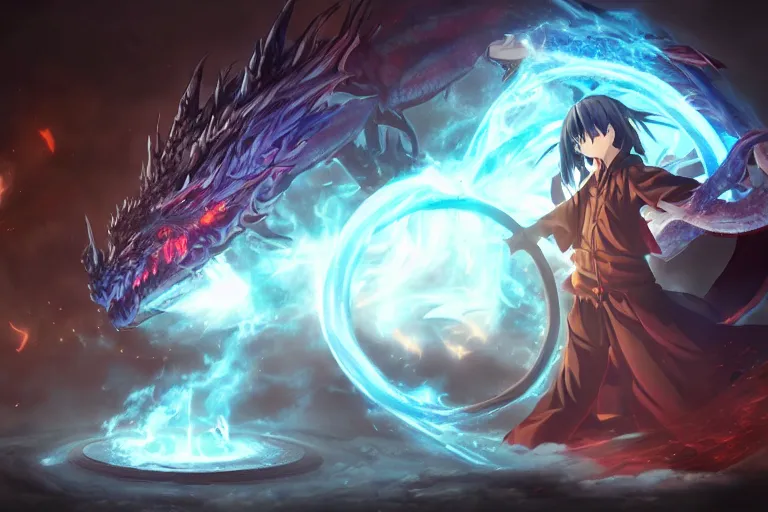 Image similar to anime mage summoning a dragon from the void through a summoning circle, concept art, digital painting, trending on artstation, deviantart, highly detailed, perfect composition, dramatic lighting, sharp focus, 8 k uhd